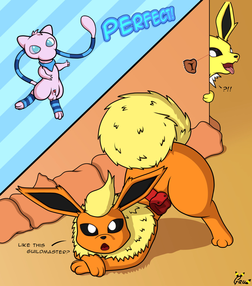 absurd_res animal_genitalia animal_pussy ass ass_up balls canine_pussy caught clothing crouching dialogue eeveelution english_text female feral flareon fur gau_(artist) genitals group hi_res jack-o'_crouch_pose jolteon kosa legendary_pokemon looking_at_viewer male mammal meme mew naga_(jolteon) nintendo open_mouth orange_body orange_fur penis penis_tip pink_body pink_fur pokémon_(species) pokemon pokemon_(species) pokemon_mystery_dungeon presenting presenting_hindquarters pussy sheath text tongue video_games yellow_body yellow_fur zeal_(flareon)