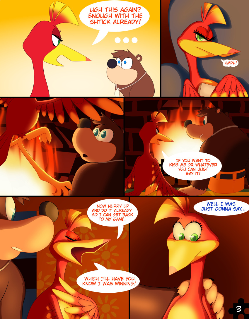 ... 2021 absurd_res anthro avian banjo-kazooie banjo_(banjo-kazooie) belt bird black_nose blue_eyes bottomwear bragging breegull brown_body brown_fur closed_eyes clothed clothing comic dialogue digital_media_(artwork) duo english_text eye_contact eyelashes feathers female fire fireplace fur green_eyes hand_on_shoulder head_tuft hi_res impatient jewelry kazooie looking_at_another male male/female mammal necklace page_3 page_number pants rareware red_body red_feathers sitting skeletonguys-and-ragdolls speech_bubble text topless topless_male tuft ursid video_games yellow_body yellow_bottomwear yellow_clothing yellow_feathers yellow_pants