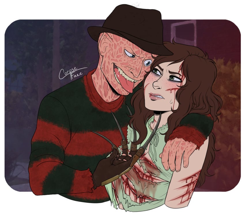 1boy 1boy1girl 1girls arms_behind_back arms_behind_head bleeding blood blue_eyes brown_hair claws clothed clothing corpseface dead_by_daylight defeated female forced freddy_krueger gore green_eyes hat looking_at_another male/female nightmare_on_elm_street ripped_clothing scar scars sharp_teeth sweater teasing teeth tongue tongue_out torn_clothes torn_clothing