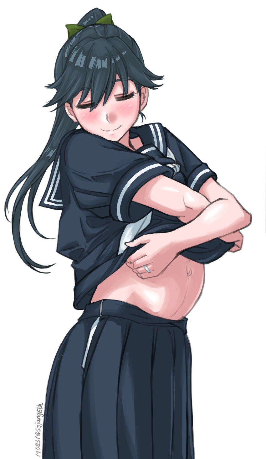 alternate_costume bangs black_hair closed_eyes dark_hair female female_only hairbow houshou_(kantai_collection) kantai_collection long_hair ponytail pregnant school_uniform serafuku shirt_lift smile solo sozan undressing wedding_ring