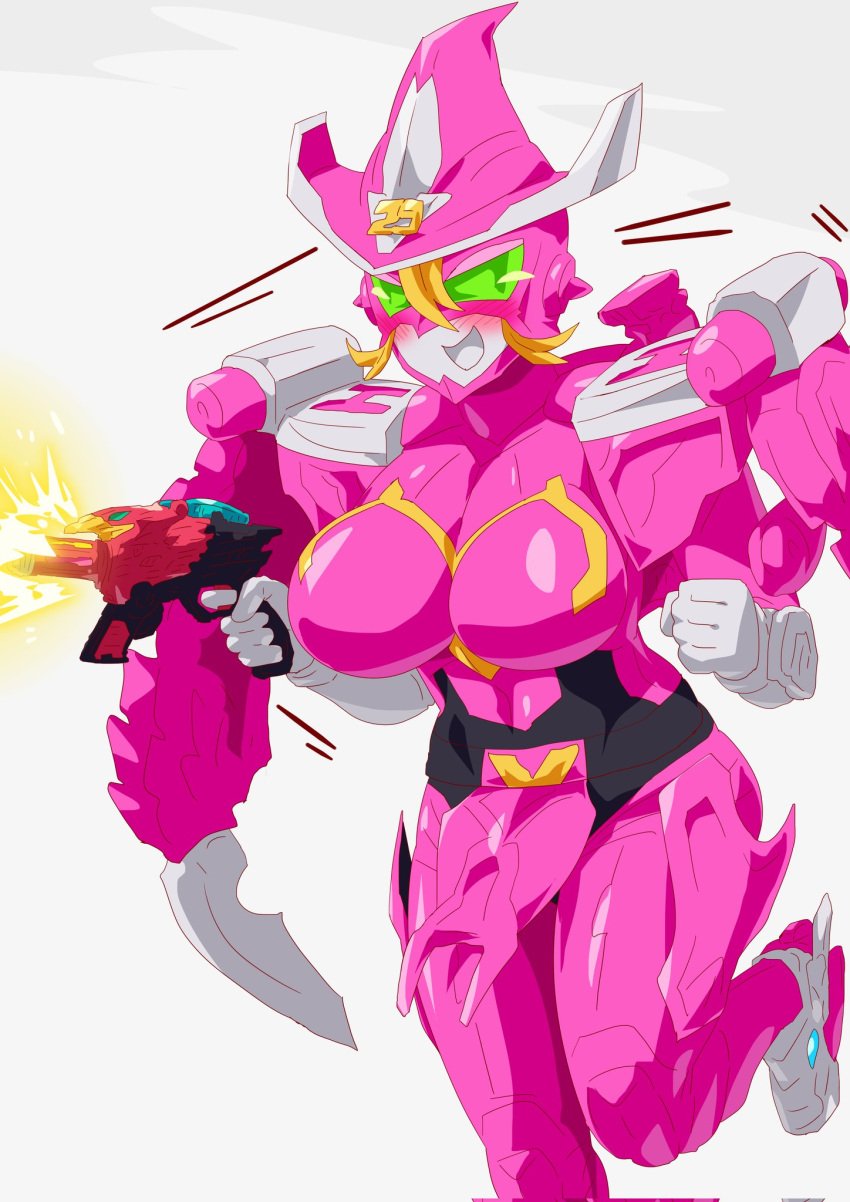 1girls 2021 bent_over blonde_hair blush_stickers breasts cum dragon_girl facial female firing geartlinger grey_eyes gun highres kikai_sentai_zenkaiger magine mecha mechanical_wings otokam1117 pink_skin red_cheeks robot_girl shooting super_sentai tokusatsu wingless_dragon witch yellow_light zenkai_magine