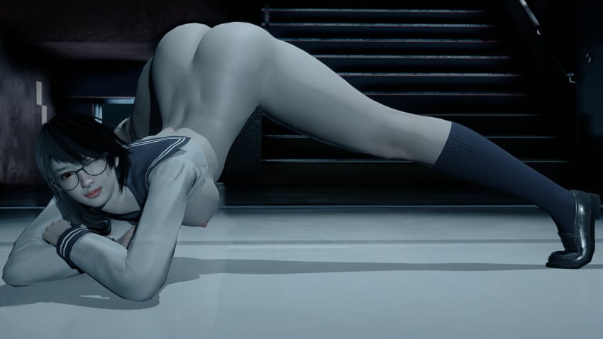 16:9_aspect_ratio all_fours ass bent_over big_lips black_hair bottomless clothing exposed_ass glasses high_resolution jack-o_pose large_ass large_filesize light-skinned_female lips lipstick looking_at_viewer nioh odo1558 okatsu pale-skinned_female pale_skin red_lipstick sailor_uniform school_uniform slanted_eyes uniform very_high_resolution