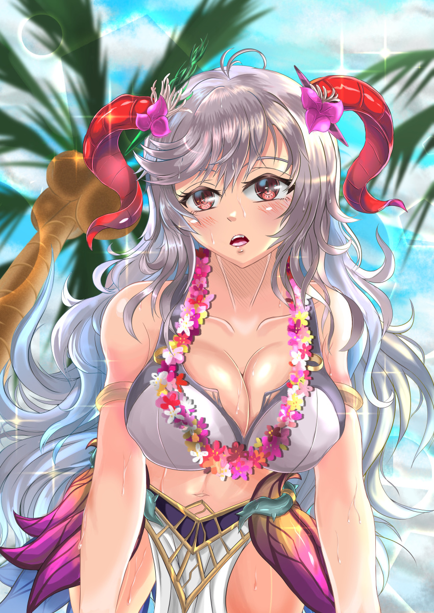 1girls alternate_costume bare_shoulders bikini cleavage coconut collarbone fire_emblem fire_emblem_heroes flower flower_necklace freyja_(fire_emblem) freyja_(summer)_(fire_emblem) from_below grey_hair hair_flower horns large_breasts long_hair multicolored_hair nintendo official_alternate_costume palm_tree pelvic_curtain red_eyes red_horns solo sweat swimsuit tree very_long_hair violet_migu18 wet white_bikini white_swimsuit