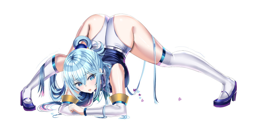 1girls aqua_(konosuba) ass blue_eyes blue_hair clothed clothing detached_sleeves female goddess hair_between_eyes hanasaka_houcha heels jack-o_pose jackochallenge kneehighs kono_subarashii_sekai_ni_shukufuku_wo! light_blue_hair looking_at_viewer mismatched_legwear ponytail simple_background top-down_bottom-up white_background