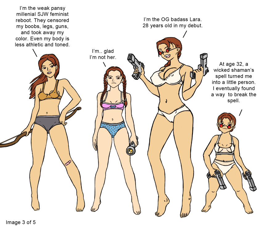 (original_artist_tbd) bra clothing dwarf dwarf_female dwarfism eyewear female firearm handgun human lara_croft lara_croft_(classic) lara_croft_(survivor) looking_over_eyewear looking_over_glasses looking_over_sunglasses midget pale_skin panties red-tinted_eyewear sallyx short_lady sunglasses tinted_eyewear tomb_raider tomb_raider_(survivor) video_games weapon white_background white_panties