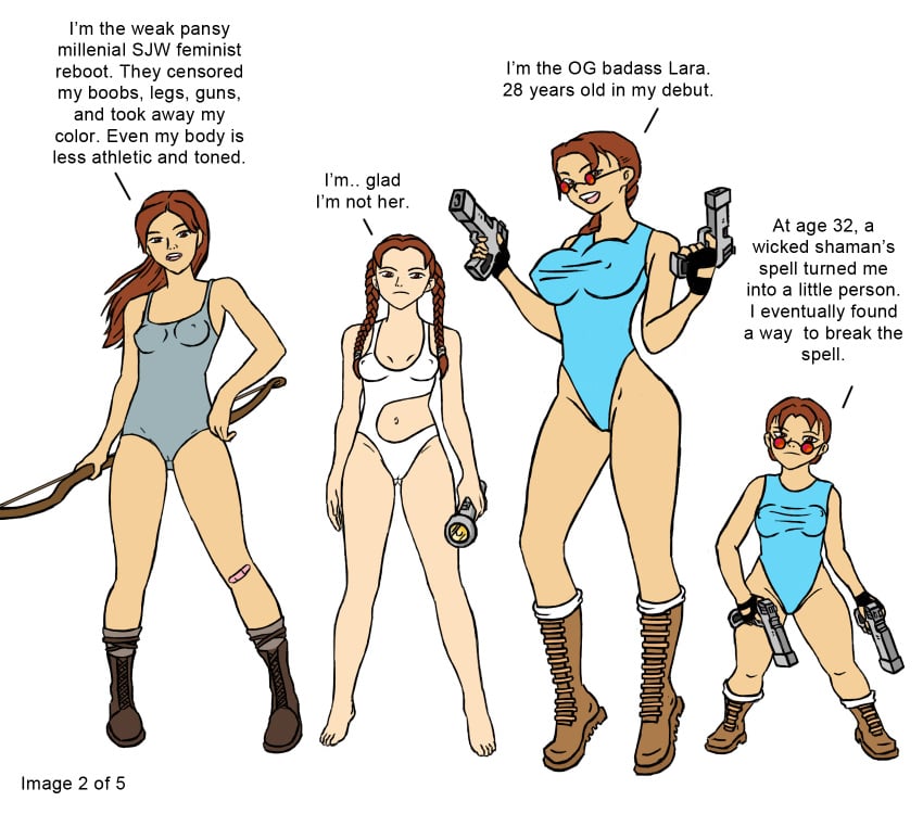 (original_artist_tbd) boots clothing cutaway dwarf dwarf_female dwarfism eyewear female firearm footwear handgun handwear human lara_croft lara_croft_(classic) lara_croft_(survivor) looking_over_eyewear looking_over_glasses looking_over_sunglasses midget pale_skin red-tinted_eyewear sallyx short_lady sunglasses swimsuit swimwear tinted_eyewear tomb_raider tomb_raider_(survivor) video_games weapon white_background