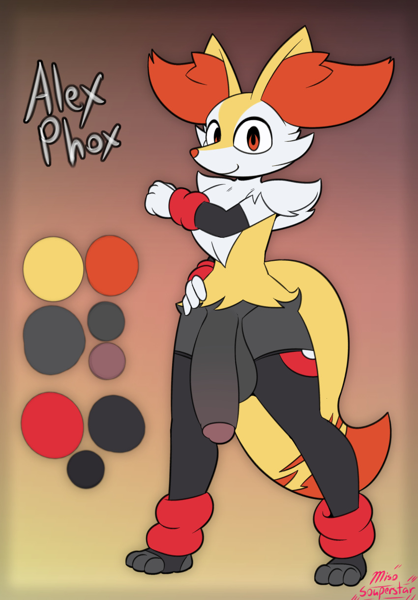 1boy 2021 3_toes 4_fingers absurd_res alex_(miso_souperstar) anthro armband balls big_balls big_penis black_clothing black_legwear black_pupils braixen canid chest_tuft clothing dipstick_tail feet fingers fist flaccid front_view fur genitals glans gradient_background grey_balls grey_body grey_fur grey_penis hand_on_hip hi_res huge_balls huge_cock humanoid_genitalia humanoid_penis inner_ear_fluff leg_warmers legwear looking_at_viewer male male_only mammal miso_souperstar model_sheet mostly_nude multicolored_tail nintendo penis pokémon_(species) pokemon pokemon_(species) pupils purple_glans red_armband red_body red_clothing red_eyes red_fur red_legwear simple_background smile solo standing stretching toeless_legwear toes tuft video_games white_body white_clothing white_fur white_legwear yellow_body yellow_fur yellow_inner_ear