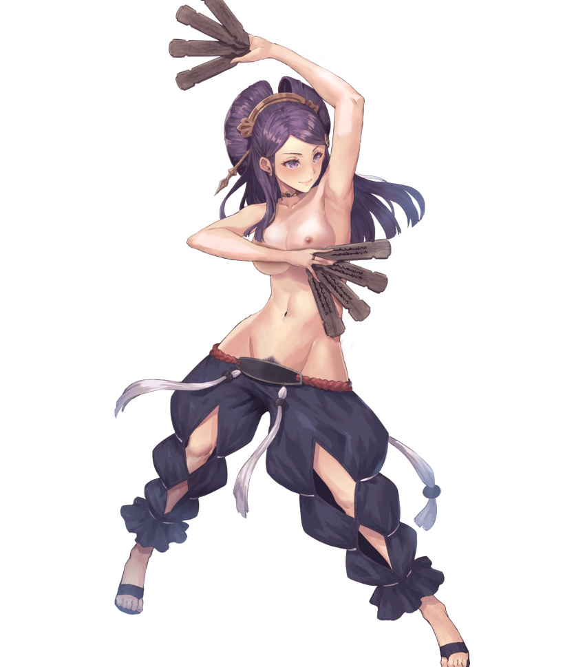 1girls accessory armpits bare_shoulders biggitybiggitybig collar collarbone edit female_pubic_hair fire_emblem fire_emblem_fates fire_emblem_heroes large_breasts long_hair nintendo nipples nude_filter official_art orochi_(fire_emblem) pose pubic_hair purple_eyes purple_hair smile solo topless