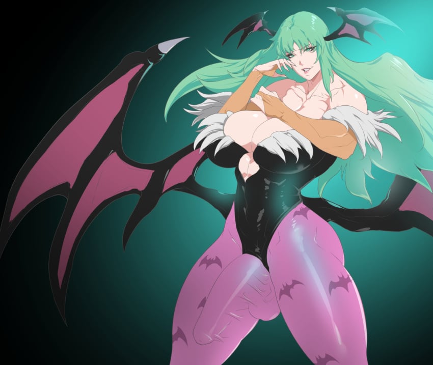 1futa balls bat_wings big_balls big_breasts big_penis black_thong_leotard black_wings breasts brown_elbow_gloves capcom cleavage clothed clothing darkstalkers demon_futa elbow_gloves erection erection_under_clothes erection_under_pantyhose fully_clothed futa_only futanari gradient_background green_background green_eyes green_hair grin head_wings huge_breasts large_breasts light-skinned_futanari light_skin long_green_hair long_hair membranous_wings morrigan_aensland muscular muscular_futanari muscular_shoulders pale_skin pantyhose penis penis_bulge penis_in_pantyhose purple_pantyhose solo solo_futa standing succubus tenchizone thick_thighs thong_leotard tight_clothing wings