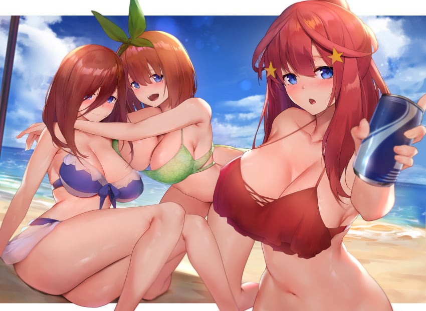 3girls :d :o armpits asymmetrical_docking bangs bare_arms bare_legs bare_shoulders beach bent_over bikini blue_bikini blue_eyes blue_sky blush breast_press breasts brown_hair can cleavage collarbone day feet_out_of_frame female_only go-toubun_no_hanayome green_bikini green_ribbons hair_between_eyes hair_ornament hair_over_one_eye hair_ribbon highres holding holding_can kneeling large_breasts long_hair looking_at_viewer multiple_girls nakano_itsuki nakano_miku nakano_yotsuba navel ocean open_mouth orange_hair outdoors red_bikini red_hair ribbon short_hair siblings sisters sitting sky smile soda_can star_(symbol) star_hair_ornament stomach swimsuit thighs triplets viral1112 water