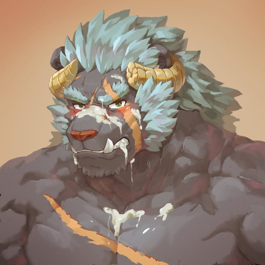 1boy absurdres bara between_pectorals blue_hair blush broken_horn clenched_teeth cum cum_on_body cum_on_boy cum_on_pectorals cum_string curled_horns demon_king_fish facial fangs furry furry_male green_eyes grey_fur highres horns krampus krampus_(tokyo_afterschool_summoners) large_pectorals long_sideburns looking_at_viewer male male_focus male_only mature_male medium_hair muscular muscular_male nude pectorals portrait scar scar_across_eye scar_on_cheek scar_on_chest scar_on_face scar_on_forehead sideburns solo teeth thick_eyebrows tokyo_afterschool_summoners tokyo_houkago_summoners upper_body