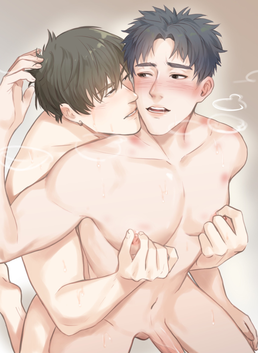 2boys anal bangs black_hair blush cheek-to-cheek collarbone completely_nude couple dripping earrings english_commentary erection eye_contact face-to-face grey_hair half-closed_eyes hands_up heads_together hickey highres hoop_earrings j_dongseng jewelry kneeling lips looking_at_another male_focus multiple_boys navel nipple_tweak nipples nude original parted_bangs parted_lips pectorals penis sex sex_from_behind short_hair steaming_body sweat testicles uncensored yaoi