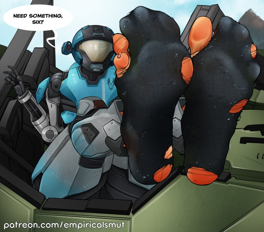 1girls 2d ass big_feet blue_armor catherine-b320 empiricalsmut feet feet_focus female female_focus female_human female_only female_spartan_(halo) foot_fetish halo_(series) halo_reach human kat-b320 looking_at_viewer power_armor sock_fetish socks solo solo_female spartan_(halo) spartan_iii_(halo) splayed_toes toes torn_socks