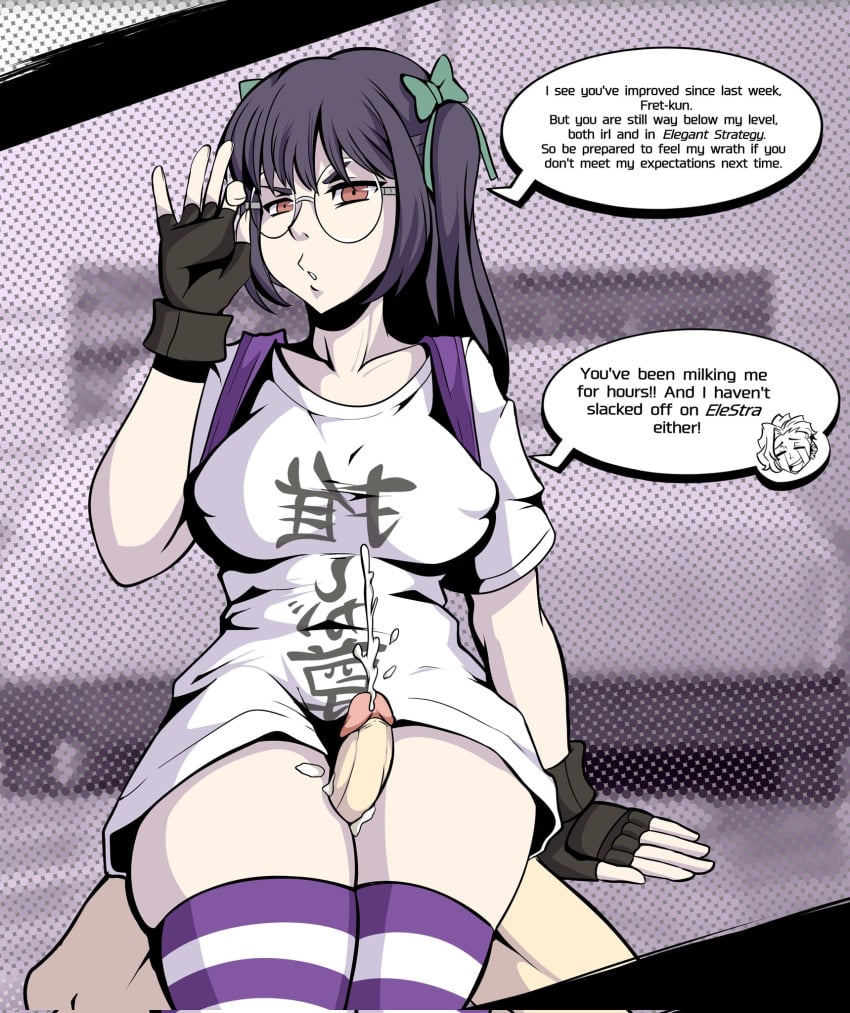 1boy 1girls cum cum_on_thighs cumshot dialogue ejaculation ejaculation_between_thighs english_text fingerless_gloves glasses gloves large_breasts nagi_usui naver neo:_the_world_ends_with_you nipple_bulge penis tagme text the_world_ends_with_you thick_thighs thigh_sex thighs tosai_furesawa twintails