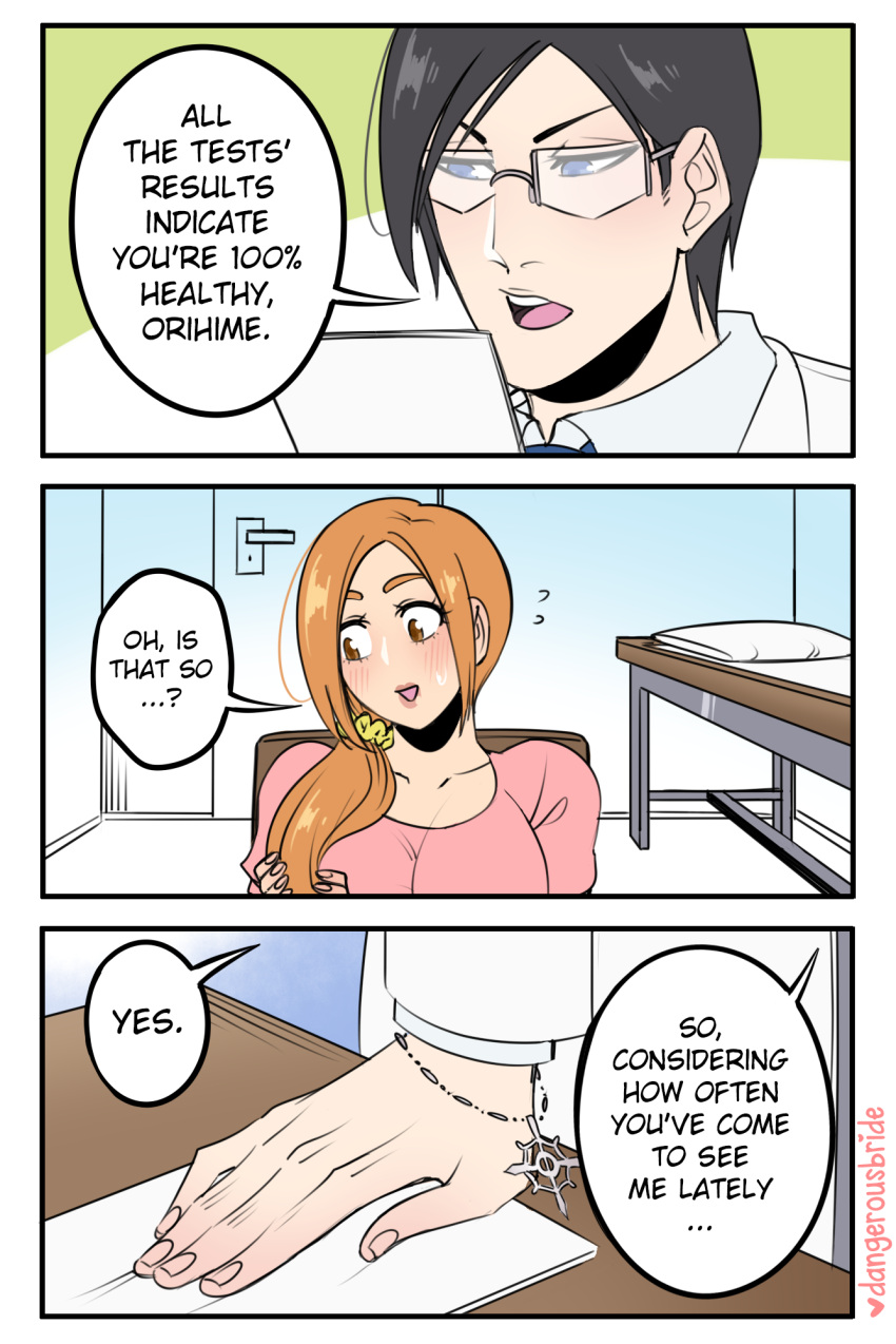 1boy 1girls black_hair bleach blue_eyes blush brown_eyes comic dangerousbride dialogue doctor english_text female glasses hi_res inoue_orihime male orange_hair patient short_hair speech_bubble tied_hair uryu_ishida