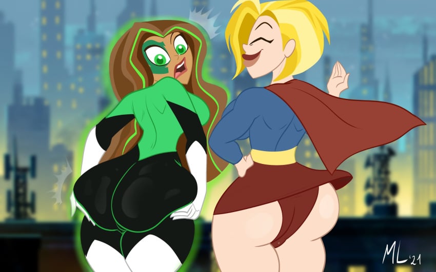 2girls ameizing_lewds ass ass_focus big_ass dark-skinned_female dc dc_comics dc_super_hero_girls female female_only green_lantern jessica_cruz jessica_cruz_(shg) kara_danvers kara_danvers_(shg) kara_zor-el latina light-skinned_female multiple_girls panties skin_tight supergirl superheroine thick_thighs upskirt