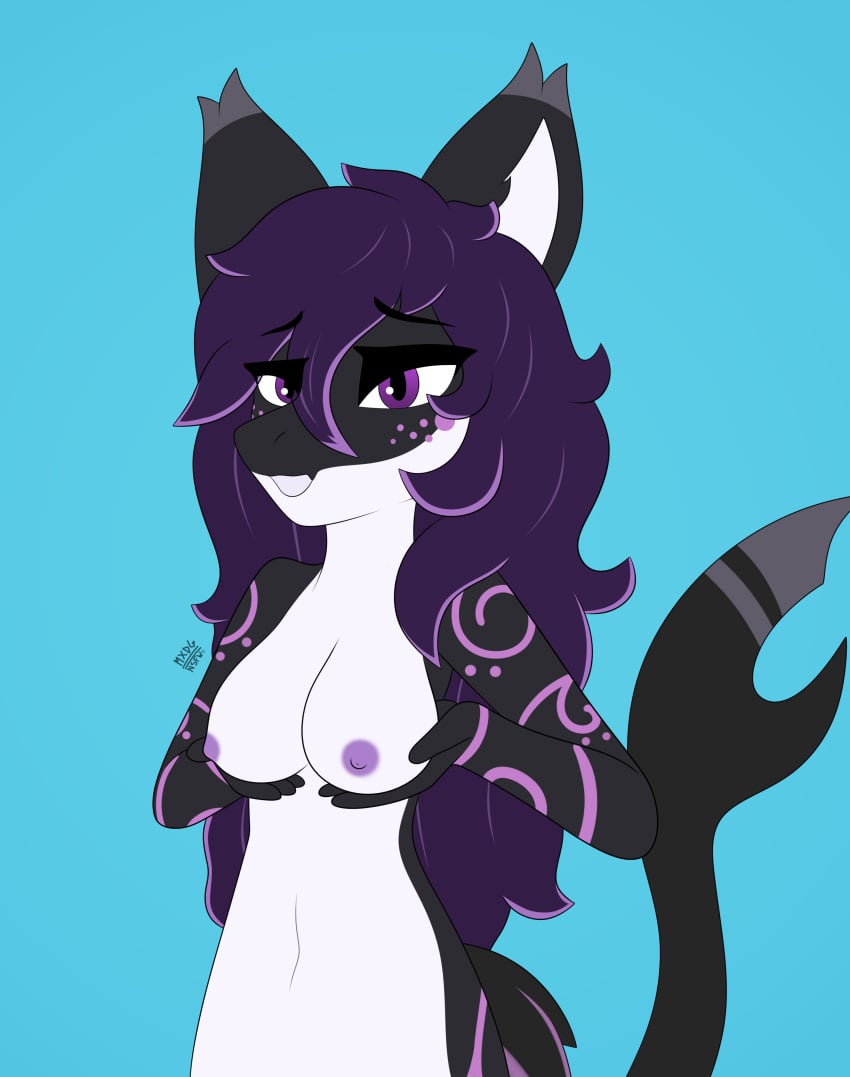 absurd_res animated anthro breast_play breasts female fish hair hi_res holding_breast looking_at_viewer marine markings max_draws nipples one_eye_closed open_mouth purple_eyes purple_hair shark simple_background solo tailwag wink