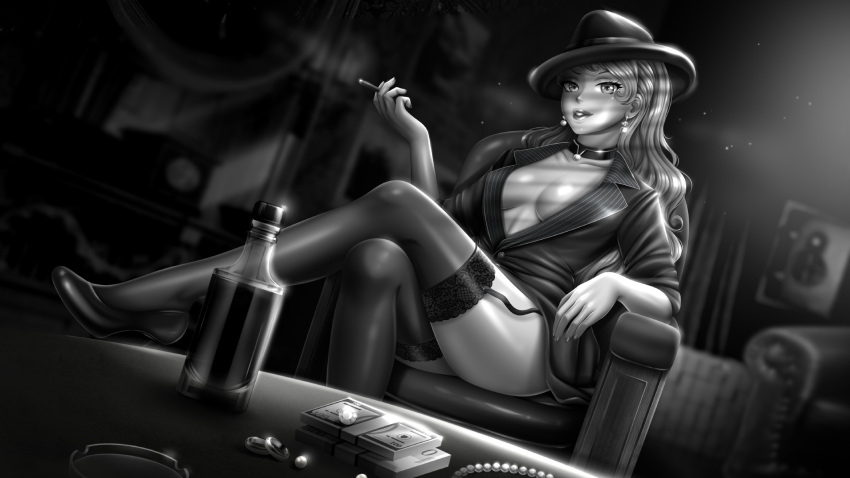 black_and_white boob_window chloe_(fap_ceo) collar fap_ceo high_heels legwear monochrome nutaku stockings