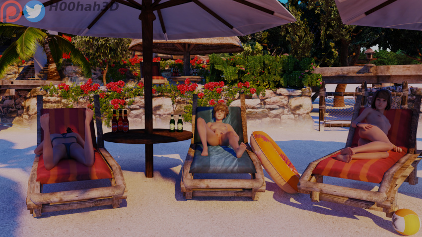 3d 3d_(artwork) 3girls anus ass beach beer_bottle bikini blender_(software) breasts brooke_scott bush feet flower h00hah3d hand_on_ass innertube kate_marsh legs_up life_is_strange looking_at_viewer lounge_chair masturbation max_caulfield nipples nude_female palm_tree panties sand tree umbrella vagina volleyball vulva