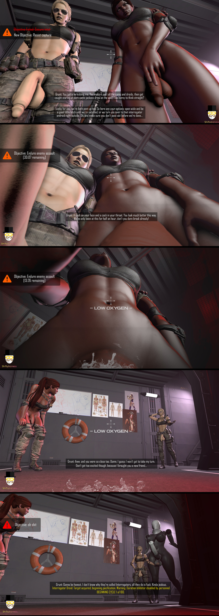 3d 3futas abs android balls blind_eye blonde_hair blowjob bottomless breasts captured choking clothed clothing comic cum cum_in_mouth cum_on_floor dark-skinned_futanari dark_hair dark_skin dialogue face_fucking fellatio futa_only futanari gameplay_mechanics gun horsecock human light-skinned_futanari light_skin looking_at_viewer low-angle_view oral pale_skin partially_clothed penis penis_on_face robot scar sex shiftybizness shiny_skin taker_pov talking_to_viewer tank_top testicles text weapon