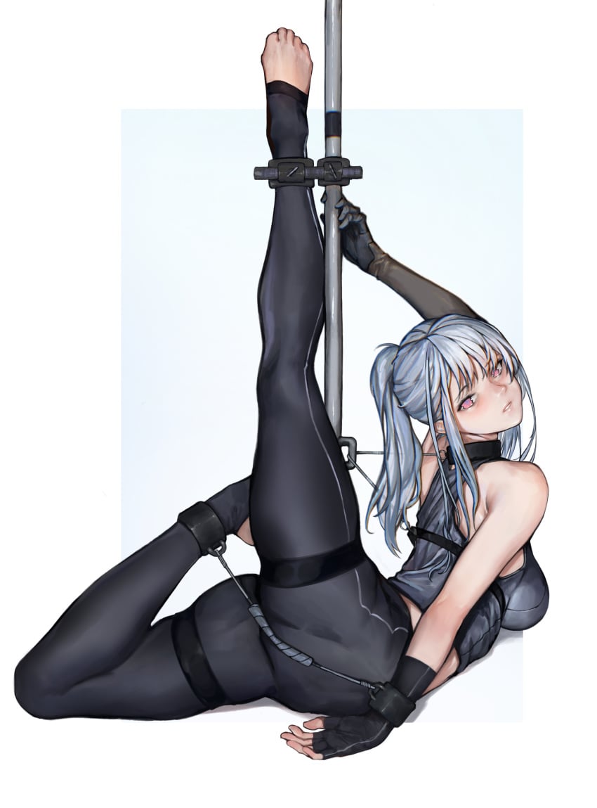 absurdres ak-12_(girls'_frontline) bare_shoulders black_gloves black_legwear blue_background border breasts clamps cuffs elbow_gloves feet female fingerless_gloves girls'_frontline gloves grey_hair halter_top halterneck harness highres iuui large_breasts parted_lips pink_eyes pole ponytail sideboob sidelocks toeless_legwear toes westking white_border