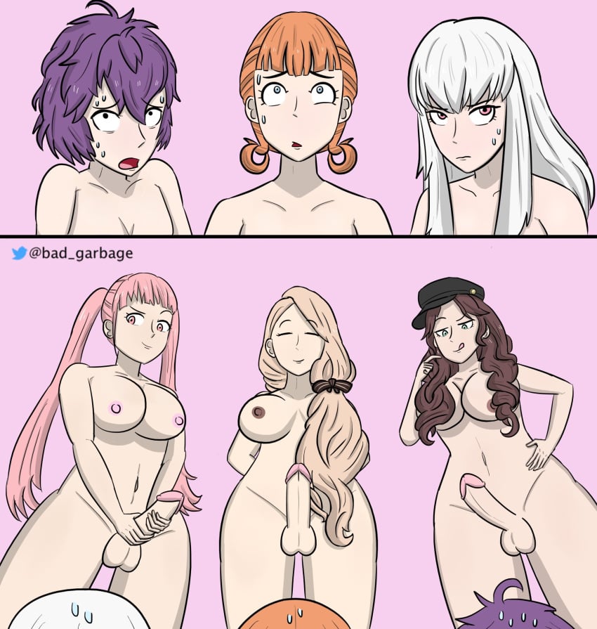 2koma 3futas 3girls :p annette_fantine_dominic arms_behind_back badatgarbage balls bangs bare_shoulders bernadetta_von_varley black_eyes blonde_hair blue_eyes breasts brown_hair closed_eyes comic completely_nude confident dorothea_arnault erection eye_twitch fear female fire_emblem fire_emblem:_three_houses from_below frown futanari green_eyes hair_over_shoulder hat hilda_valentine_goneril human imminent_rape imminent_sex large_breasts licking_lips light_skin lineup long_hair looking_down low-angle_view lysithea_von_ordelia medium_penis mercedes_von_martritz multiple_girls naked_hat naughty_face nervous nintendo nipples nude nude_female open_mouth orange_hair pale_skin panels penis penis_awe pink_background pink_eyes pink_hair purple_hair raised_eyebrow scared short_hair side_ponytail small_breasts small_pupils smile smug standing sweat sweatdrop sweating_profusely twintails unamused uncensored upper_body white_hair