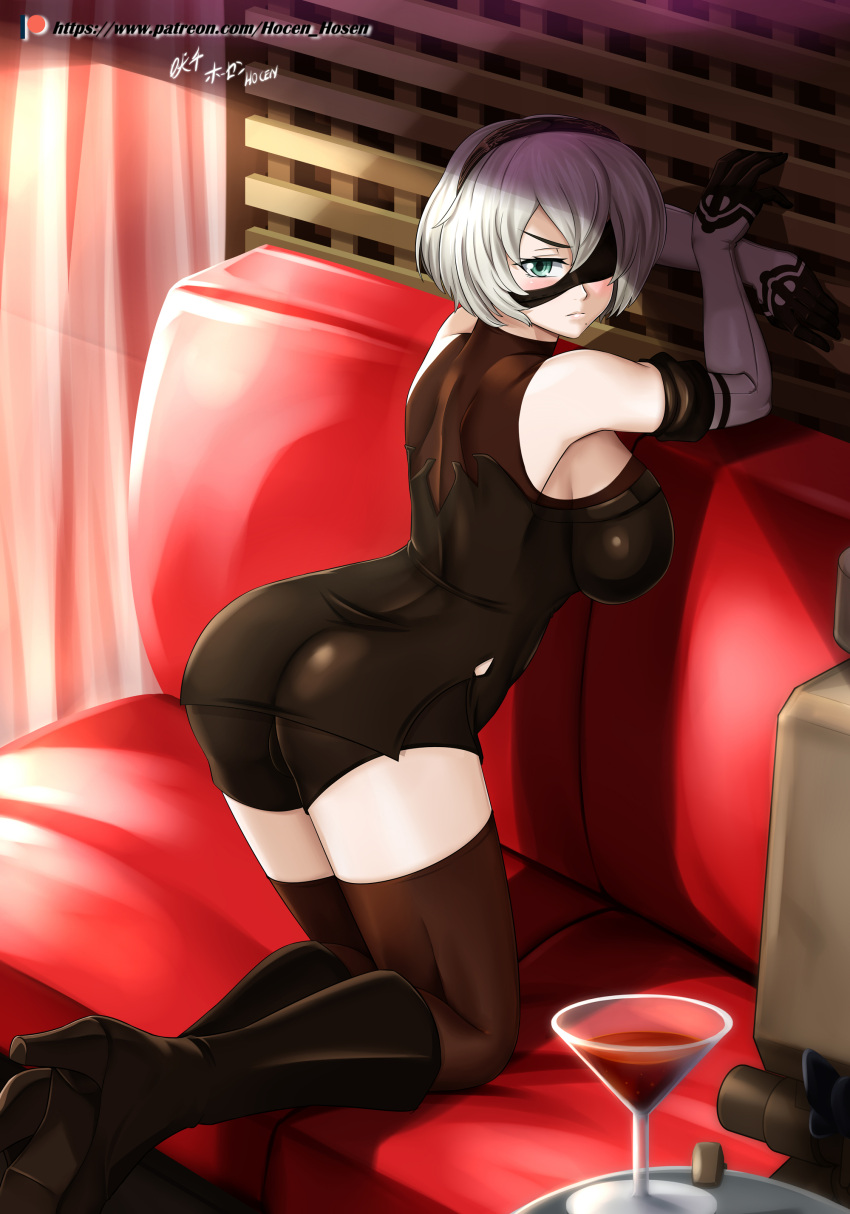 >:( 1girls ass black_boots black_hairband blindfold blush boots breasts female female_focus female_only hairband looking_at_viewer nier:_automata nier_(series) short_hair solo_female thighhighs thighs voluptuous white_hair yorha_2b