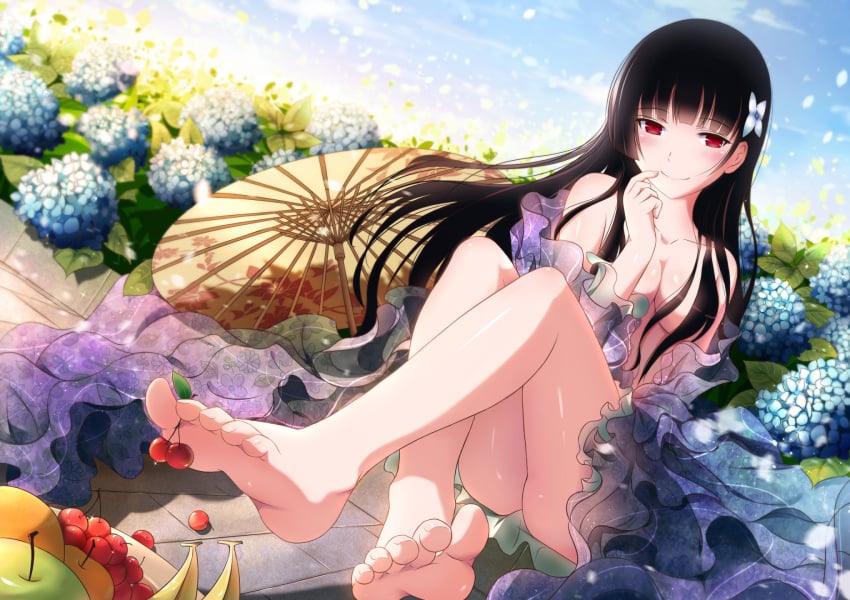 apple banana bare_legs bare_shoulders barefoot between_toes black_hair blush breasts censor_hair cherry cleavage convenient_censoring curled_fingers day expectant feet feet_towards_viewer female female female_only finger_to_mouth flower food food_on_toes foot_hold fruit fruit_bowl hair_flower hair_ornament high_resolution hydrangea legs long_hair long_legs looking_at_viewer medium_breasts no_bra nopan offering_foot open_clothes open_shirt oriental_umbrella outdoor_nudity outdoors pov_feet red_eyes romance sanka_rea sankarea shirt smile soles solo sunrise tagme toenails toes transparent umbrella xiao_ren