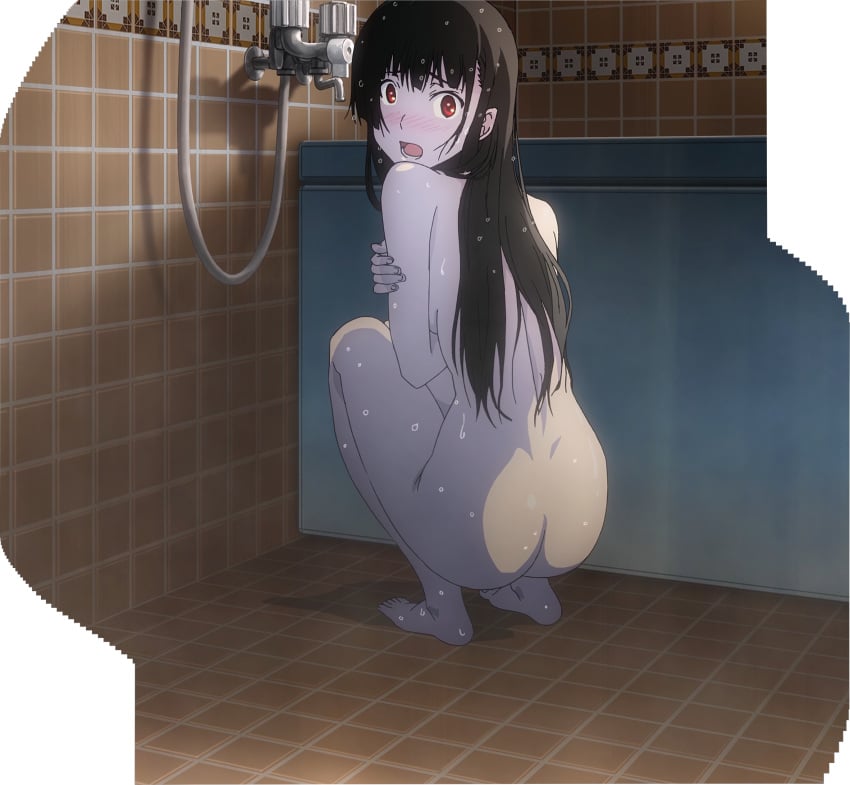 ass bare_ass bath black_hair female high_resolution long_hair nude posterior_cleavage sanka_rea sankarea screen_capture screencap sitting squatting suprised tagme