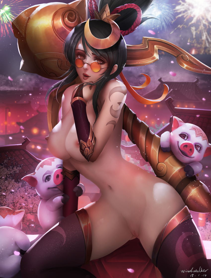 1girls absurd_res areolae artist_signature bangs breasts china_dress chinese_clothes cleavage female female_focus female_only firecracker_vayne fireworks hair_ornament highres league_of_legends long_hair looking_at_viewer looking_over_eyewear looking_over_glasses looking_over_sunglasses lunar_new_year lunar_revel_series navel nipples nude open_mouth orange-tinted_eyewear outside pig pussy realistic smile solo sunglasses tagme thighhighs tied_hair tinted_eyewear vayne windwalker