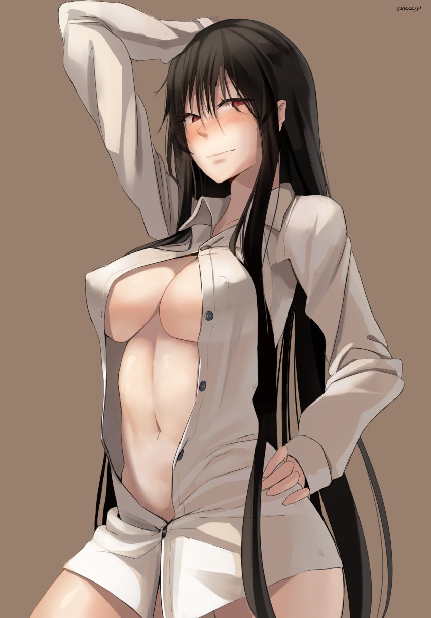 black_hair blush breasts center_opening clothing dress_shirt erect_nipples erect_nipples_under_clothes female female_only hagoromo_kitsune hand_on_hip hand_on_own_head high_resolution large_breasts long_hair naked_shirt nipples noccu nurarihyon_no_mago shirt simple_background solo unbuttoned very_high_resolution very_long_hair