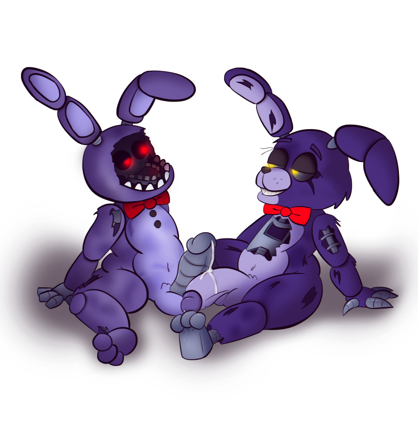 2021 absurd_res alpha_channel animatronic anthro balls big_penis bodily_fluids bonnie_(fnaf) bow_tie duo five_nights_at_freddy's five_nights_at_freddy's_4 fuzefurry genital_fluids genitals hi_res lagomorph machine male male_only mammal metal_penis nightmare_bonnie penis precum robot sitting smile tagme teeth video_games withered_bonnie