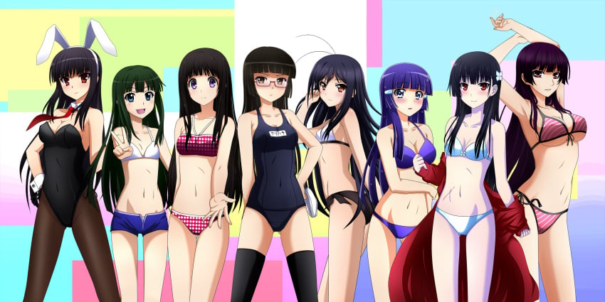 2:1_aspect_ratio 6+girls 8girls accel_world ahoge animal_ears aoki_reika arched_back armpits arms_up bangs bikini black_hair blue_eyes blue_hair blunt_bangs breasts brown_eyes bunny_ears bunny_girl bunnysuit chiaki_kurihara chitanda_eru cleavage clothing color_connection crossover dark-skinned_female dark_skin detached_collar detached_sleeves dusk_maiden_of_amnesia female female_only flower front-tie_top ghost glasses green_hair group hair_color_connection hair_flower hair_ornament hairclip hairpin hairstyle_connection hanaki_yuka hand_on_hip high_resolution hime_cut hyouka jewelry kanoe_yuuko kenken kore_wa_zombie_desu_ka? kuroyukihime large_breasts leotard long_hair look-alike looking_back megane midriff miniskirt_pirates multiple_crossover multiple_girls name_tag natsuiro_kiseki navel necktie one-piece_swimsuit open_fly orange_eyes pantyhose polka_dot polka_dot_bikini polka_dot_swimsuit precure pretty_cure purple_eyes red_eyes sanka_rea sankarea sarasvati_(kore_wa_zombie_desu_ka?) saraswati_(kore_wa_zombie_desu_ka?) scar season_connection side-tie_bikini small_breasts smile_precure stockings straight_bangs straight_hair striped striped_bikini striped_swimsuit sukumizu swimsuit tank_suit to_aru_kagaku_no_railgun to_aru_majutsu_no_index trait_connection twisted_torso underboob unzipped v wallpaper white_bikini white_swimsuit wrist_cuffs zombie zombie_girl