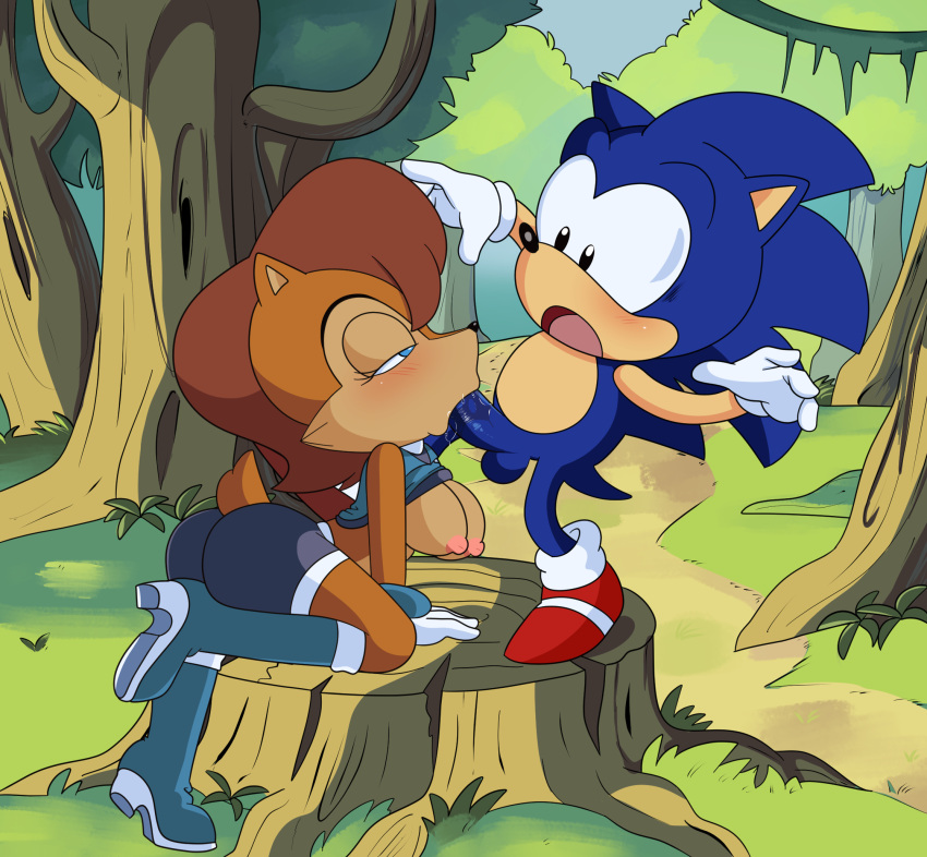 american_sonic anthro archie_comics ass balls bedroom_eyes blue_body blue_fur blush bodily_fluids boots breasts brown_body brown_fur brown_hair chipmunk classic_sonic classic_sonic_(universe) clothed clothing duo eulipotyphlan fellatio female footwear forest fur genital_fluids genitals ground_squirrel hair handwear hearlesssoul hedgehog hi_res male male/female mammal mostly_nude narrowed_eyes nipples nude open_mouth oral outside penile penis plant raised_clothing raised_shirt raised_topwear rodent saliva sally_acorn sciurid scut_tail seductive sega sex shirt shoes sonic_(series) sonic_satam sonic_the_hedgehog sonic_the_hedgehog_(archie) sonic_the_hedgehog_(comics) sonic_the_hedgehog_(series) tenshigarden topwear tree