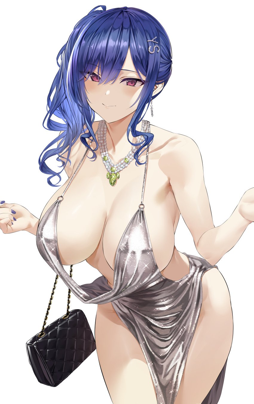 1girls absurd_res alternate_costume asymmetrical_hair azur_lane backless_outfit bag bangs bare_shoulders blue_hair blush breasts center_opening clavicle cleavage closed_mouth cowboy_shot dress earrings evening_gown female hair_between_eyes hair_ornament halter_dress halterneck handbag hi_res hiiragi_yuuichi jewelry large_breasts leaning_forward looking_at_viewer necklace open-back_dress plunging_neckline ponytail purple_eyes revealing_clothes side_ponytail sidelocks silver_dress simple_background smile solo st._louis_(azur_lane) st._louis_(luxurious_wheels)_(azur_lane) thighs tied_hair undressing