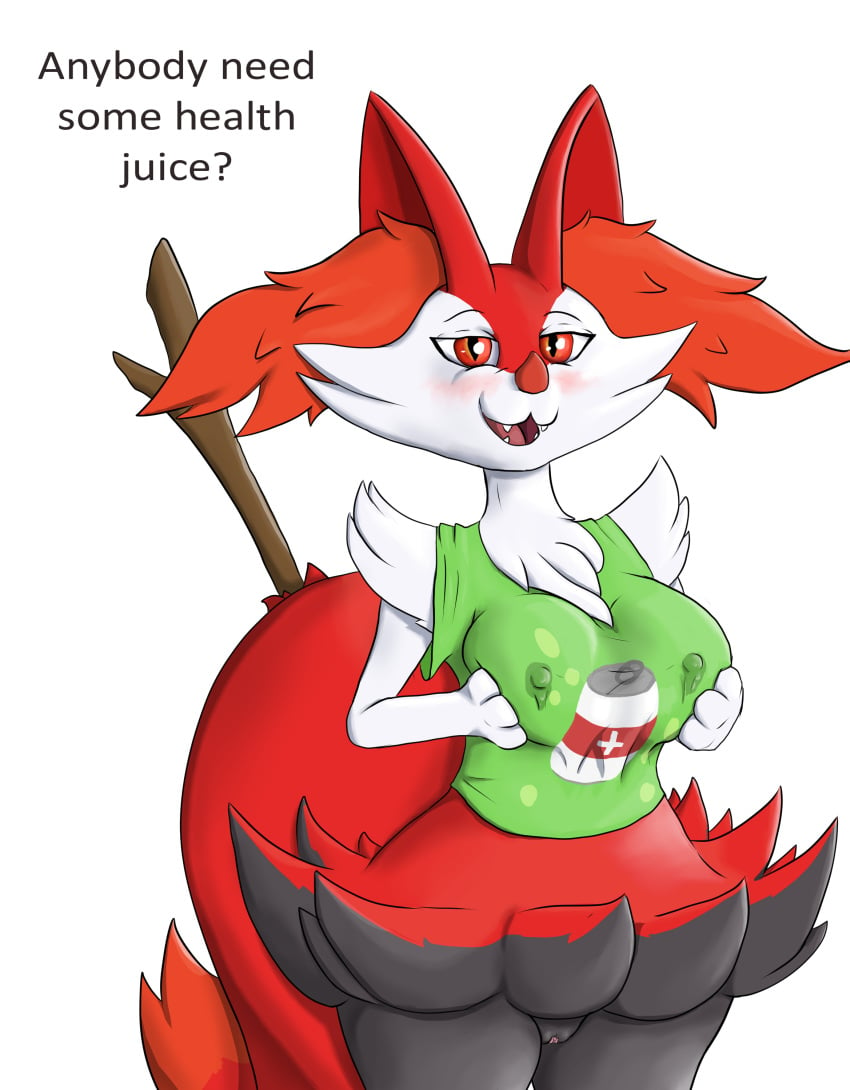 absurd_res alpha_channel anthro big_breasts blush bodily_fluids braixen breast_grab breast_squish breasts clothing dialogue english_text female genitals hand_on_breast hi_res lactating lactating_through_clothing laserkitten looking_at_viewer nintendo pixile_studios pokemon pokemon_(species) pussy shirt solo squish super_animal_royale text thick_thighs topwear video_games wet wet_clothing