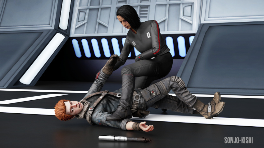 1boy 1girls 3d 3d_(artwork) black_hair cal_kestis captured clothed defeat defeated female female_clothed female_domination femdom ginger_hair inquisitor inquisitor_(star_wars) jedi:_fallen_order jedi_padawan lightsaber male second_sister sfm sonjo-kishi source_filmmaker star_wars trilla_suduri