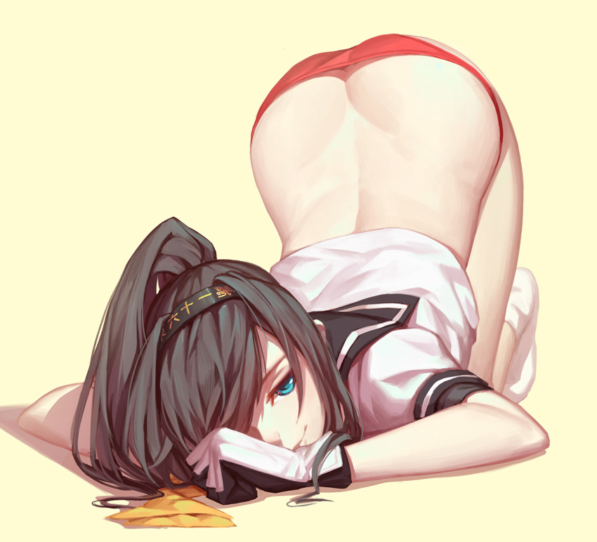 akizuki_(kantai_collection) ass ass_cleavage bangs black_hair blue_eyes butt_crack female female_only footwear gloves hairband kantai_collection long_hair looking_at_viewer neckerchief nian no_pants pantsu ponytail posterior_cleavage red_panties red_underwear school_uniform serafuku simple_background sleeve_cuffs slender smile socks solo swept_bangs tagme tied_hair top-down_bottom-up underwear yellow_background