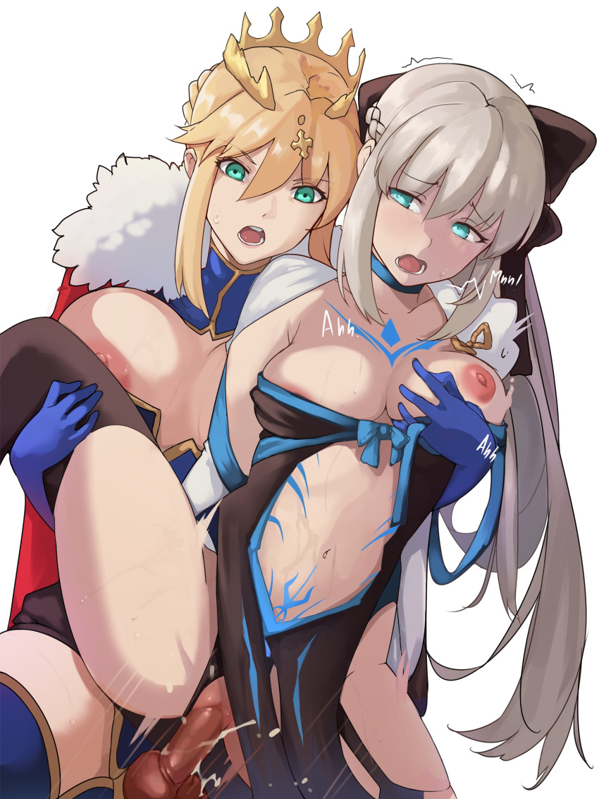 1futa 1girls absurdres aqua_eyes areola_slip areolae artoria_pendragon artoria_pendragon_(fate) artoria_pendragon_(lancer) artoria_pendragon_(lancer)_(fate) black_bow black_dress black_panties blonde_hair blue_choker blue_gloves bow braid breast_grab breasts breasts_out cape choker clothed clothing clothing_aside collarbone commentary cowboy_shot crown dress duo english_commentary eyebrows_visible_through_hair fate/grand_order fate_(series) female french_braid fur-trimmed_cape fur_trim futa_on_female futa_with_female futanari gloves grabbing green_eyes hair_between_eyes hairbow highres human incest large_breasts leg_lift light-skinned_female light-skinned_futanari light_blush light_skin long_hair medium_breasts moaning morgan_le_fay_(fate) mostly_clothed mostly_nude motion_blur navel nipples nude nude_female nude_futanari open_mouth pale_skin panties panties_aside partially_clothed pelvic_curtain pelvic_curtain_aside penis puffy_nipples red_cape sex siblings simple_background sisters spread_legs squatting stomach_tattoo sweat sweatdrop tattoo testicles thighhighs thighs todding trembling uncensored underwear vaginal_penetration very_long_hair white_background