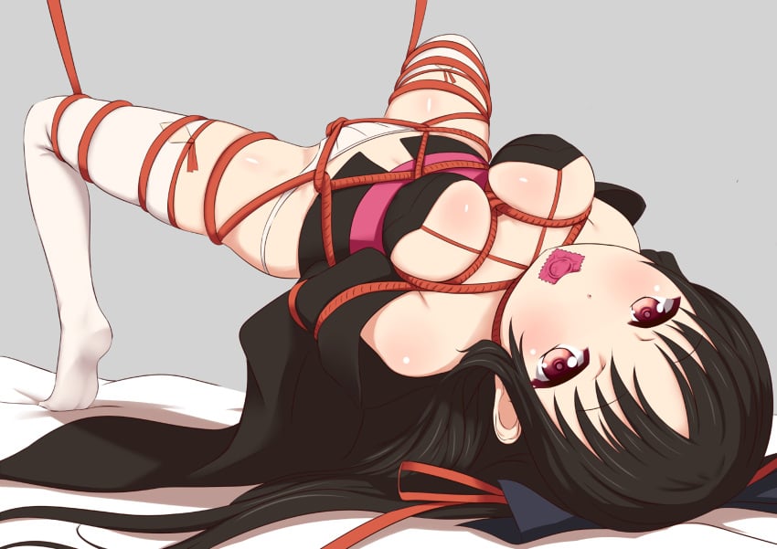 arms_behind_back bad_id bad_pixiv_id bare_shoulders black_hair blush bondage breasts condom condom_in_mouth condom_wrapper fedsnk female high_resolution kimono lingerie long_hair machine-doll_wa_kizutsukanai medium_breasts mouth_hold pantsu red_eyes ribbon robe solo tagme thighhighs underwear upscaled wafuku waifu2x white_legwear white_panties white_underwear yaya_(machine-doll)