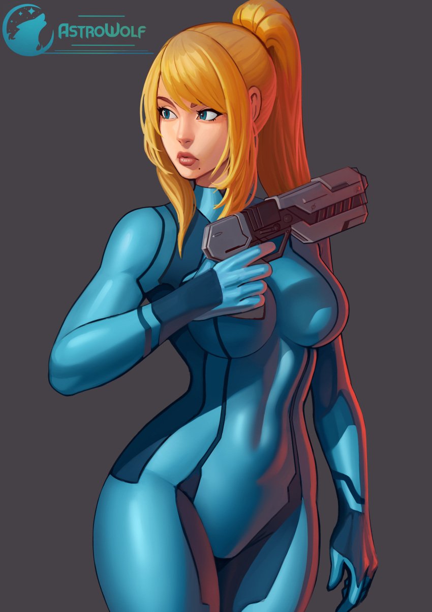 astrowolf big_ass big_breasts big_butt bimbo blonde_hair bodysuit female female_protagonist fit metroid mole_under_mouth nintendo perky_breasts samus_aran tight_suit wide_hips zero_suit_samus