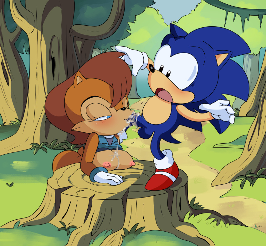 american_sonic anthro archie_comics balls bedroom_eyes blue_body blue_fur blush bodily_fluids boots bottomless breasts brown_body brown_fur brown_hair chipmunk classic_sonic classic_sonic_(universe) clothed clothing cum cum_in_mouth cum_inside cum_on_breasts duo eulipotyphlan fellatio female footwear forest fur genital_fluids genitals ground_squirrel hair handwear hearlesssoul hedgehog hi_res male male/female mammal mostly_nude narrowed_eyes nipples nude open_mouth oral outside penile penis plant raised_clothing raised_shirt raised_topwear rodent sally_acorn sciurid scut_tail seductive sega sex shirt shoes sonic_(series) sonic_the_hedgehog sonic_the_hedgehog_(archie) sonic_the_hedgehog_(comics) sonic_the_hedgehog_(series) tenshigarden topwear tree