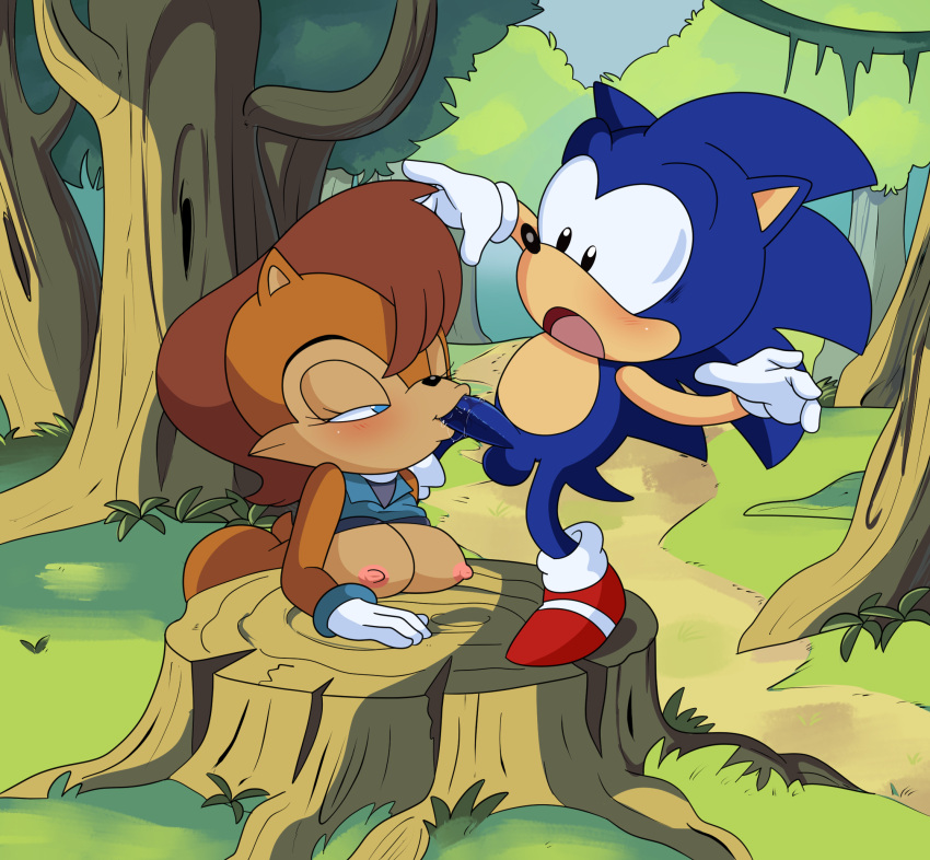 american_sonic anthro archie_comics balls bedroom_eyes blue_body blue_fur blush bodily_fluids boots bottomless breasts brown_body brown_fur brown_hair chipmunk classic_sonic classic_sonic_(universe) clothed clothing duo eulipotyphlan fellatio female footwear forest fur genital_fluids genitals ground_squirrel hair handwear hearlesssoul hedgehog hi_res male male/female mammal mostly_nude narrowed_eyes nipples nude open_mouth oral outside penile penis plant raised_clothing raised_shirt raised_topwear rodent saliva sally_acorn sciurid scut_tail seductive sega sex shirt shoes sonic_(series) sonic_the_hedgehog sonic_the_hedgehog_(archie) sonic_the_hedgehog_(comics) sonic_the_hedgehog_(series) tenshigarden topwear tree