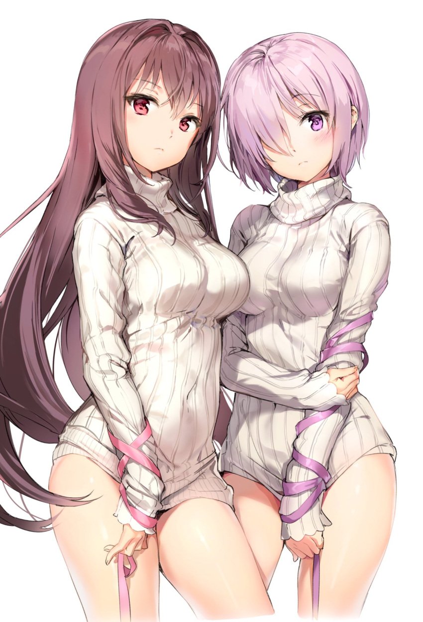 2girls anmi arm_ribbon bangs blush breasts brown_hair covered_navel dress eyebrows_visible_through_hair fate/grand_order fate_(series) female hair_over_one_eye high_resolution large_breasts long_hair long_sleeves looking_at_viewer mash_kyrielight medium_breasts multiple_girls naked_sweater purple_eyes purple_hair red_eyes ribbed_sweater ribbon scathach_(fate) short_hair sleeves_past_wrists standing sweater sweater_dress tagme thighs turtleneck turtleneck_sweater very_long_hair white_background white_sweater