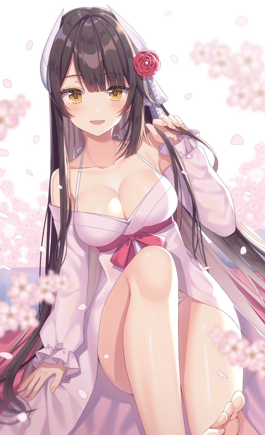 1girls alternative_costume anthropomorphization arm_support azur_lane bangs bare_shoulders barefoot bikini black_hair blunt_bangs blush breasts clavicle cleavage detached_sleeves eyebrows_visible_through_hair feet female fingernails flower hair_flower hair_ornament halterneck hiei_(azur_lane) hiei_(pilgrimage_of_moonlight)_(azur_lane) high_resolution holding holding_hair horns izumo_neru knee_up large_breasts light-skinned_female light_skin long_hair long_sleeves looking_at_viewer off_shoulder open_mouth pantsu panty_peek petals pixiv_id_4446530 red_ribbon rei_no_himo ribbon sakura_empire_(azur_lane) sitting sleepwear smile solo swimsuit tagme thighs underwear yellow_eyes