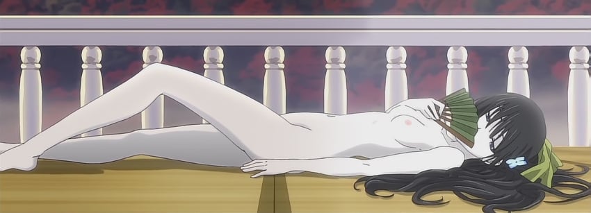 areolae breasts censored convenient_leg facing_viewer fan flower hair_flower hair_ornament hair_ribbon hairpin high_resolution image_stitch jewelry leaf long_black_hair looking_at_viewer looking_away navel nipples nude pale_skin paper_fan ribbon sanka_rea sankarea small_breasts