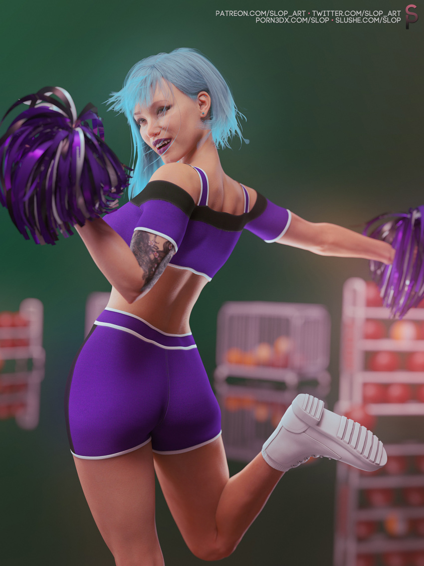 1futa arm_tattoo ass blue_hair cheerleader cheerleader_outfit cheerleader_uniform cute cyan_hair depth_of_field futa_only futa_sans_pussy futanari human human_only intersex light-skinned_futanari light_skin linde_witteveen lipstick medium_hair pom_poms purple_lipstick purple_pom_poms slop_art solo solo_futa tattoo tattoo_on_arm