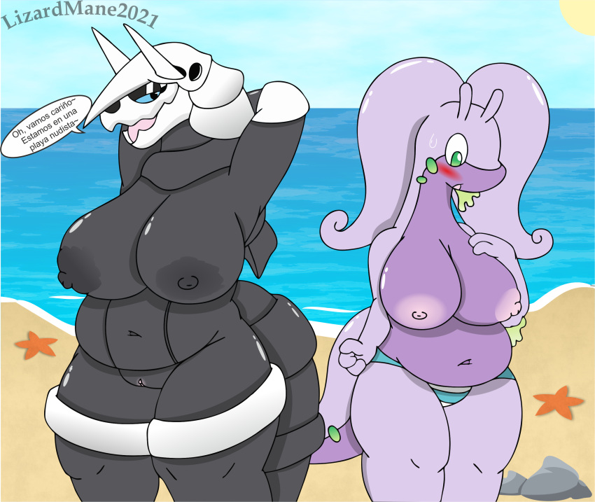 2girls absurd_res aggron anthro areola beach big_breasts black_areola black_body black_nipples blue_eyes blush bodily_fluids breasts casual_nudity clitoris clothed clothing curvy_figure detailed_background digital_media_(artwork) dragon duo erect_nipples female genitals goodra green_eyes half-closed_eyes hand_on_breast hands_behind_head hi_res horn huge_breasts lizardmane makeup mature_female multiple_girls narrowed_eyes nintendo nipples nude nude_beach open_mouth outside pink_nipples pokémon_(species) pokemon pokemon_(species) presenting presenting_breasts purple_body pussy sand seaside sky slightly_chubby smile spanish_text swimwear text thick_tail thick_thighs tongue topless translated underwear video_games voluptuous water