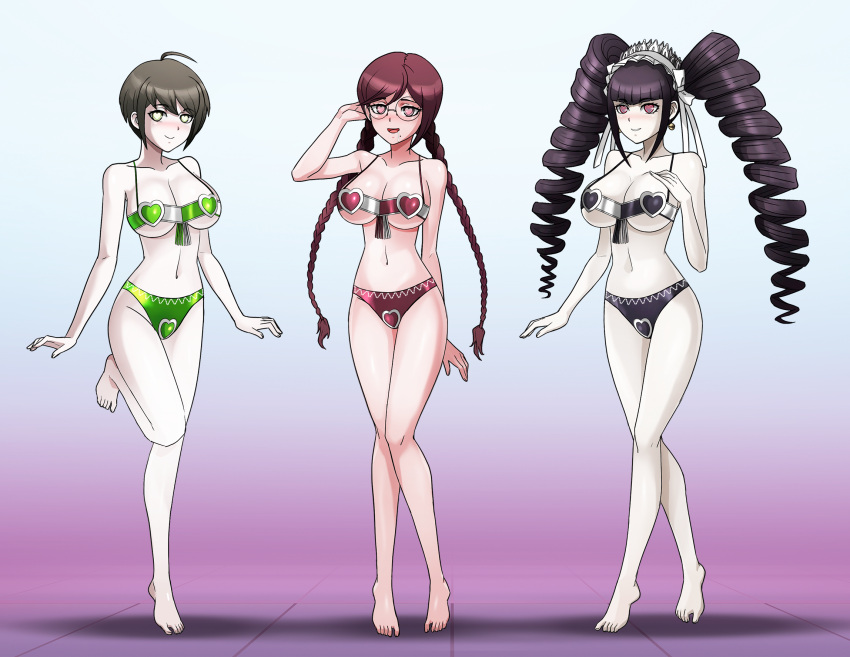 3girls big_breasts black_hair breasts brown_hair celestia_ludenberg danganronpa danganronpa:_trigger_happy_havoc danganronpa_ultra_despair_girls drill_hair female female_only fukawa_touko harem_outfit heart-shaped_pupils lingerie mind_control multiple_girls naegi_komaru pale-skinned_female pale_skin pose posing shinzu031 smile smiling smooth_skin