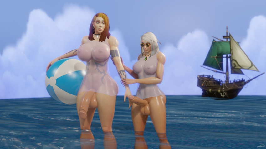 2futas balls beach big_balls big_breasts big_penis blonde_hair blonde_hair bottomless breast_size_difference breasts busty collar curvy curvy_figure dress erection flaccid futa_only futanari futanari hips huge_breasts huge_cock human legs necklace nipples nipples_visible_through_clothing penis penis_size_difference penis_under_clothes penis_under_dress penis_visible_through_pants shiny shiny_skin short_dress size_difference tattoo thighs transparent_clothing ts_jendana warcraft white_hair world_of_warcraft wow